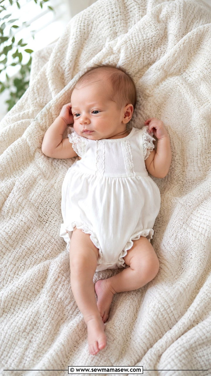 White lace trimmed romper newborn outfit - 20 Newborn lifestyle photo outfit ideas
