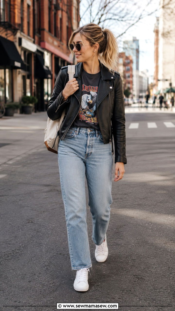 White leather sneakers with straight leg jeans and a graphic tee - 30 Straight leg jeans outfit ideas with flats