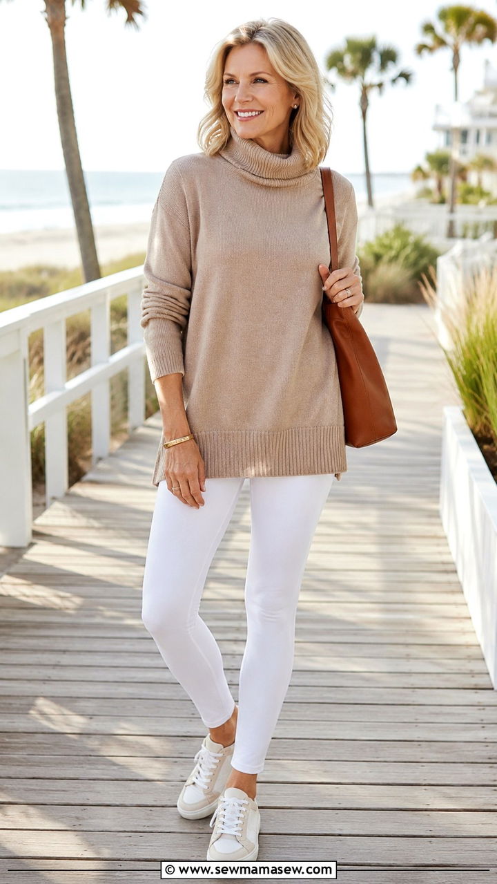 White leggings with a tunic length sweater and sneakers - 25 Athleisure outfit ideas for women over 50