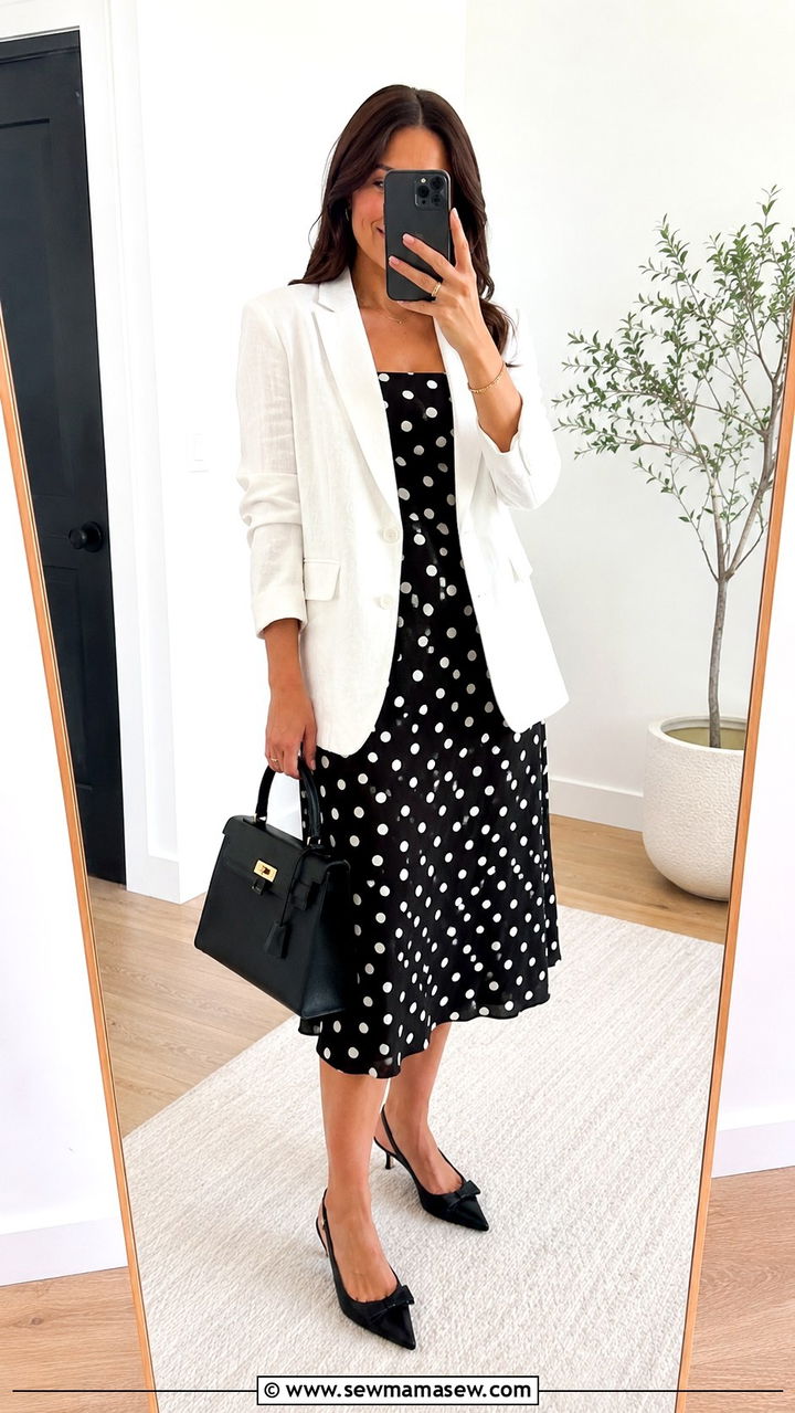 White linen blazer with black and white polka dot dress - 30 Linen blazer outfit ideas with a dress