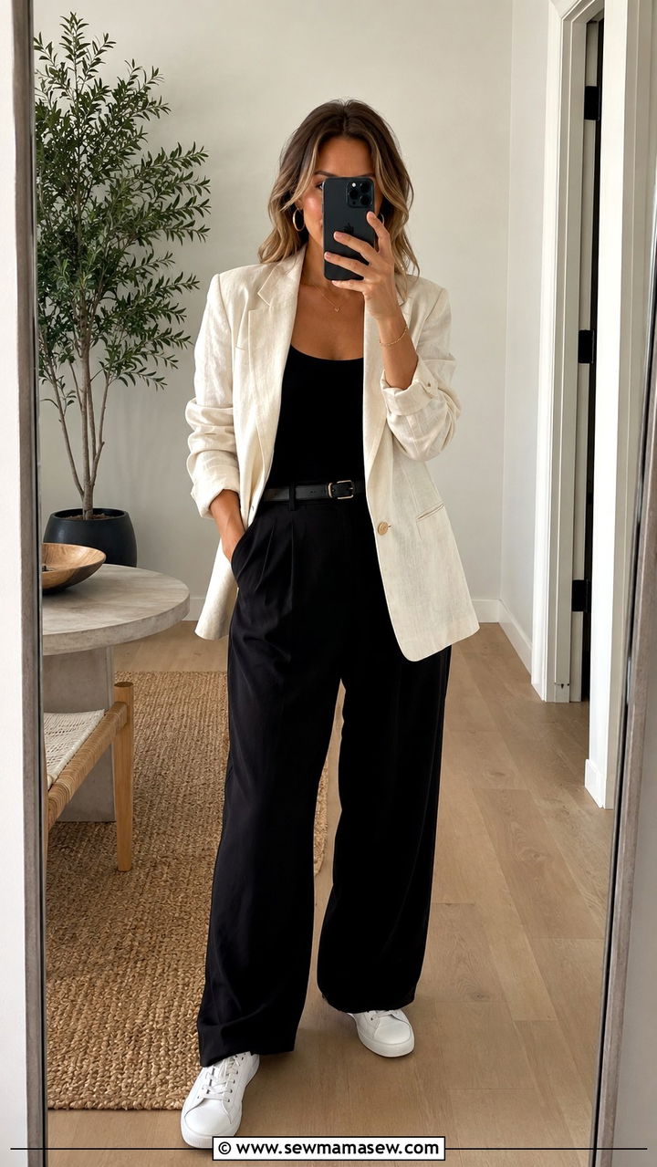 White linen blazer with black tank and wide leg trousers - 30 Linen blazer outfit ideas with sneakers