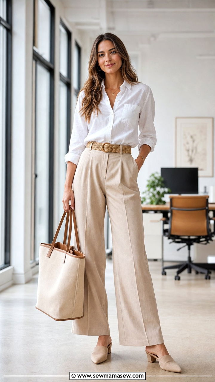 White linen button down with beige wide leg trousers - 35 Business casual outfits for summer heat