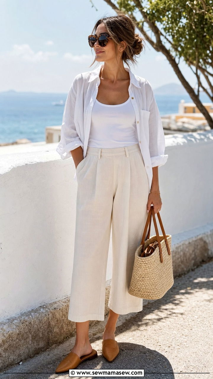 White linen button down with cropped wide leg trousers - 25 Spring outfits for 30 year old woman