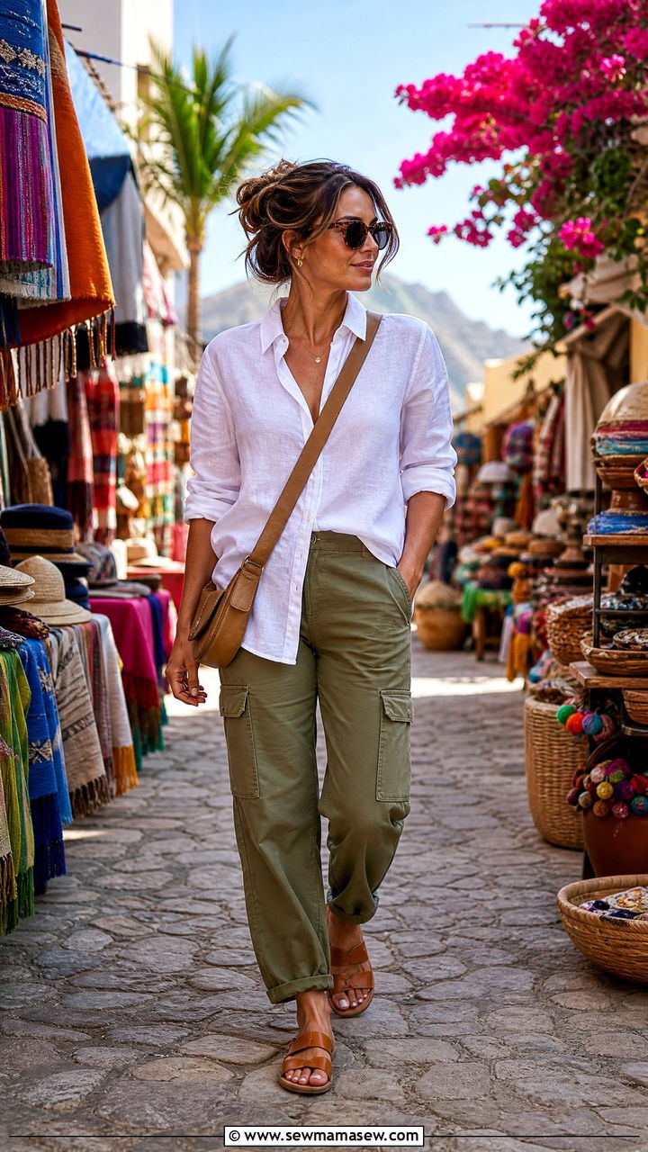 White linen button down with olive cargo pants for exploring - 40 What to wear in Cabo