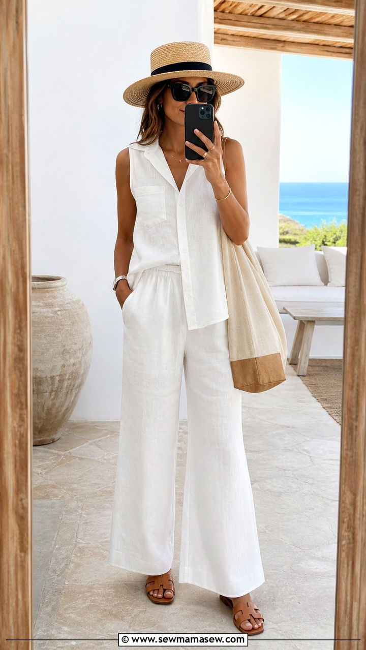 White linen co ord set with a straw hat - 40 What to wear in Sydney