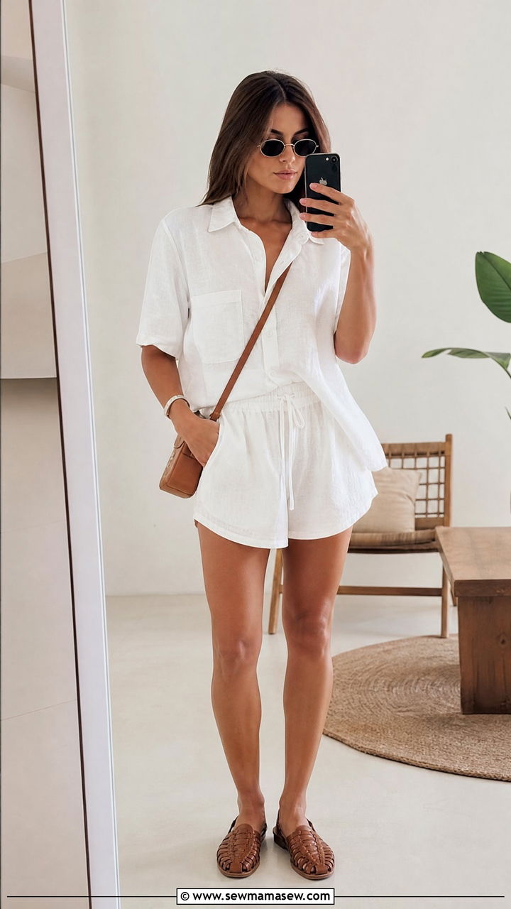 White linen co ord set with slim 90s metal sunglasses - 30 Summer outfits with sunglasses