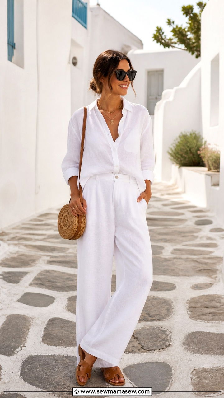White linen co ord with flat sandals for Mykonos - 40 What to wear in Mykonos