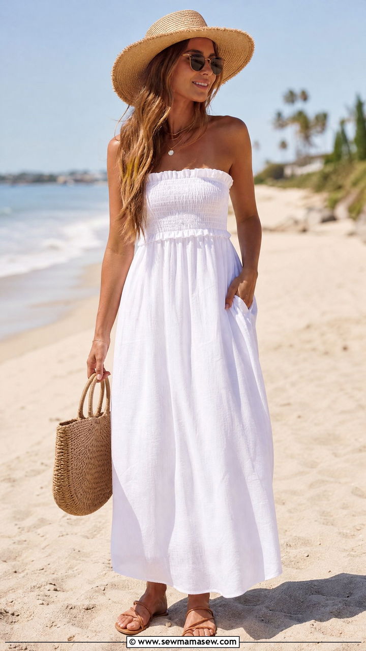 White linen maxi dress beach outfit - 30 Summer beach day outfit ideas