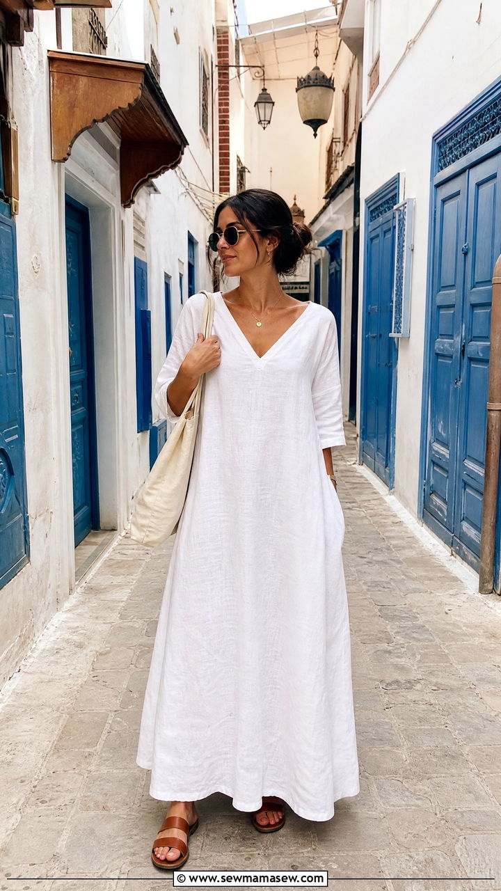 White linen maxi dress with flat sandals - 25 Fes outfit ideas