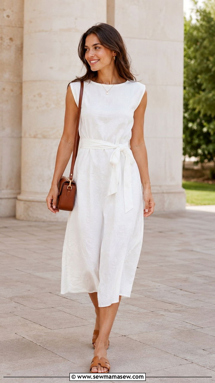 White linen midi dress with tan leather accessories - 30 Graduation outfit ideas for guests 2026