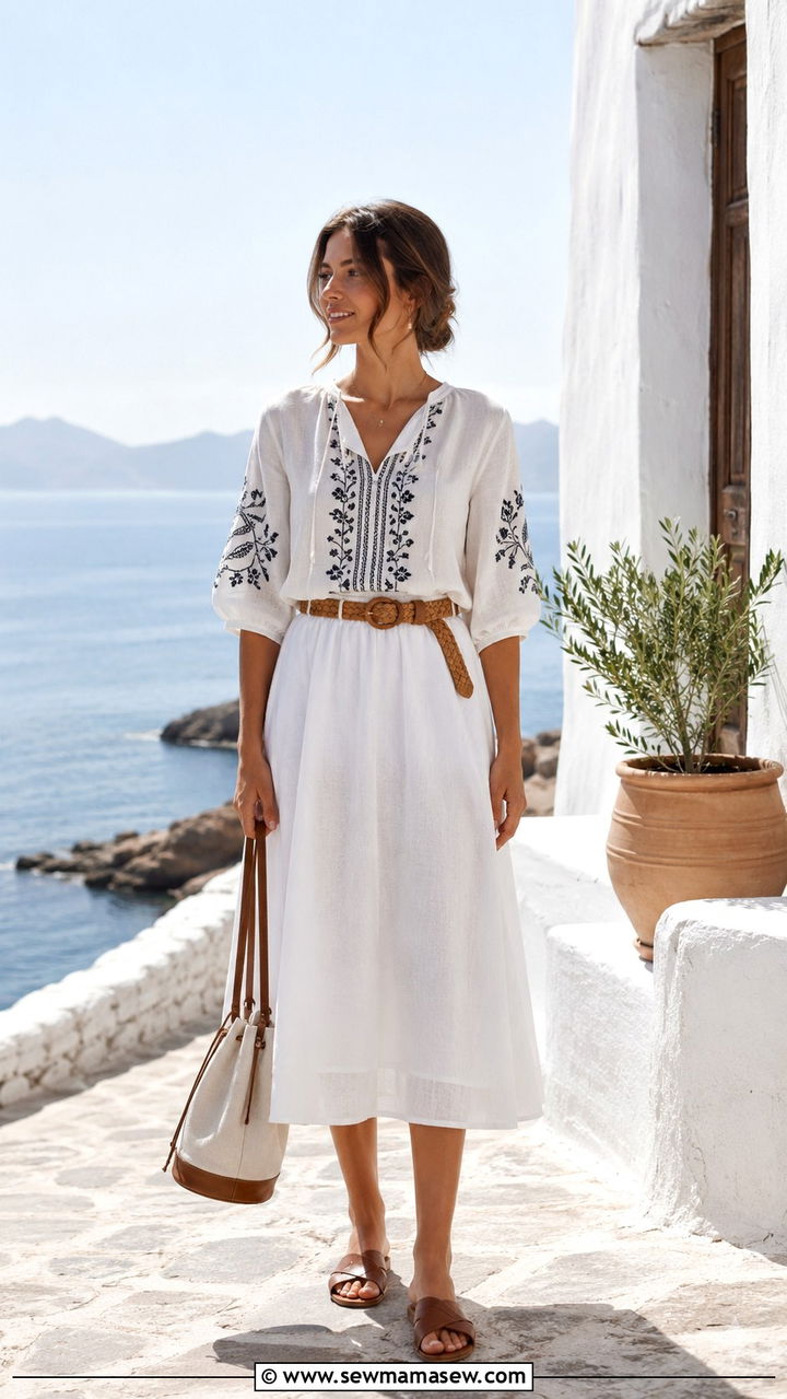 White linen midi skirt and embroidered top - 30 spring cottagecore outfit ideas