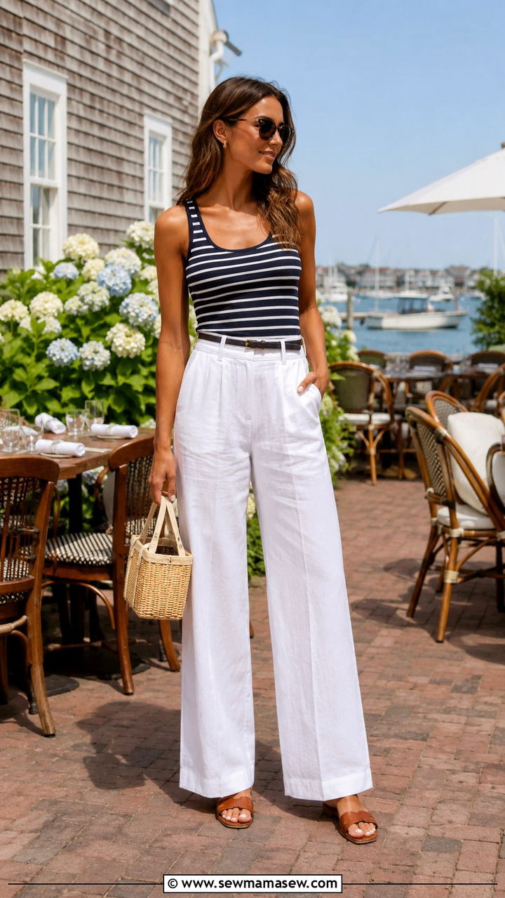White linen pants with navy stripe tank outfit - 30 Nantucket outfit ideas
