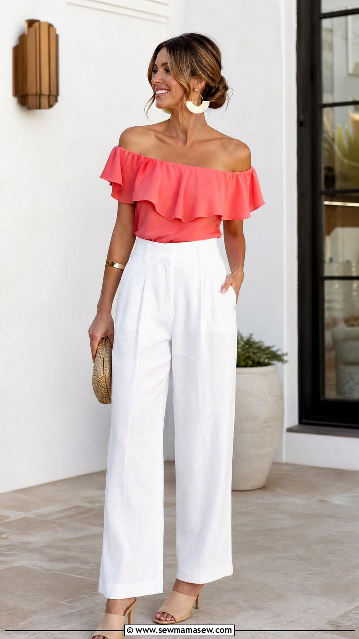 White linen pants with off shoulder top and heeled mules - 25 How to style linen pants in summer