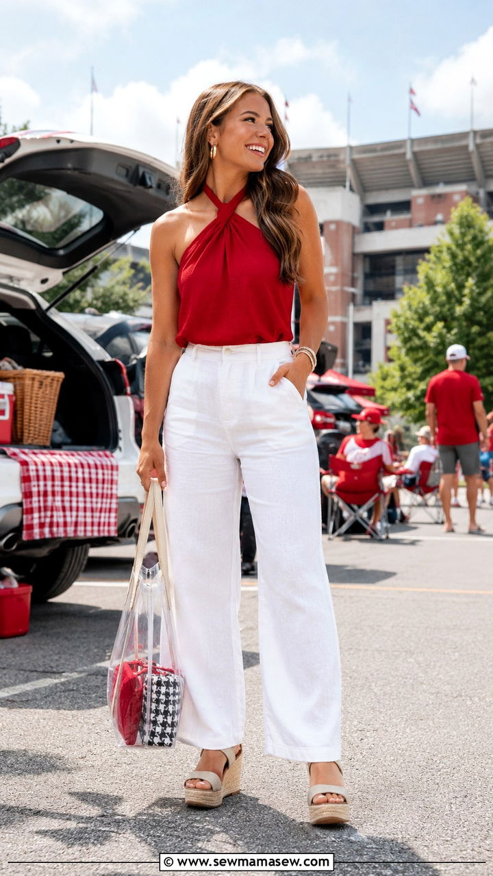 White linen pants with red halter top - 20 Gameday outfit ideas Alabama
