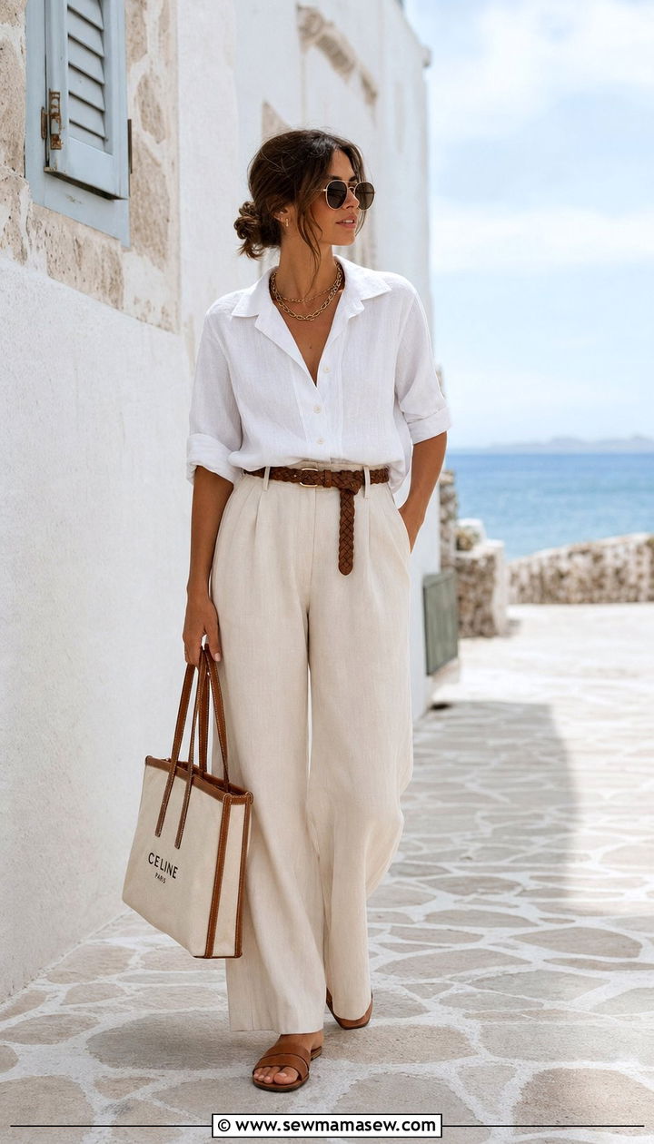 White linen shirt with wide leg linen pants - 25 spring white shirt outfit ideas