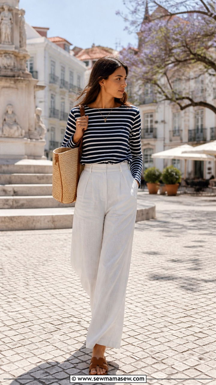 White linen trousers and striped top Lisbon outfit - 40 Lisbon outfit ideas