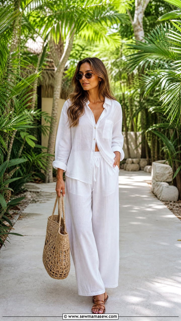 White linen two piece set with strappy sandals - 40 What to wear in Tulum