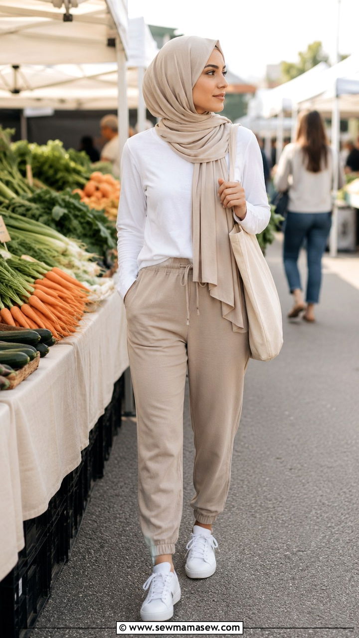 White long sleeve tee with khaki joggers and beige modal hijab - 25 Modest running outfit ideas with hijab
