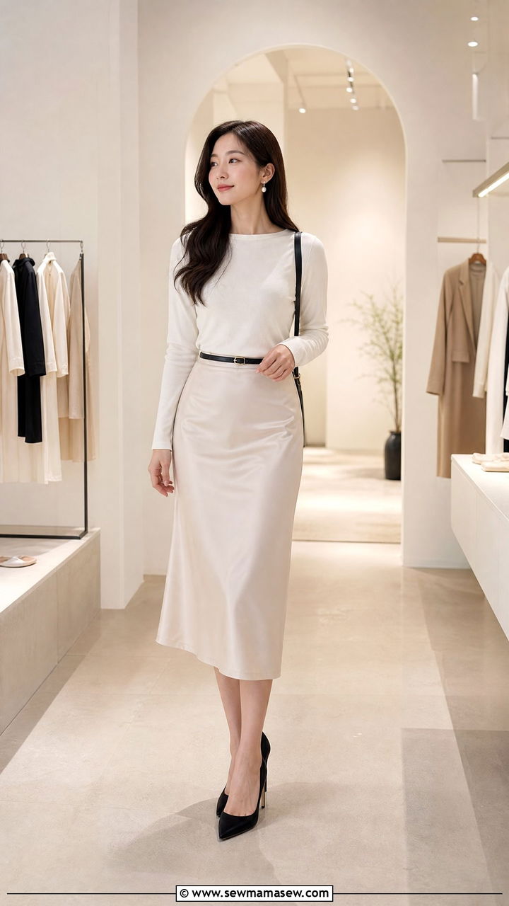 White long sleeve top and silk midi skirt - 35 job interview outfit ideas for women