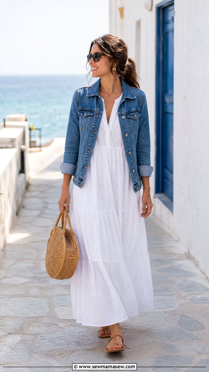 White maxi dress with denim jacket outfit - 30 Maxi dress outfit ideas with a denim jacket