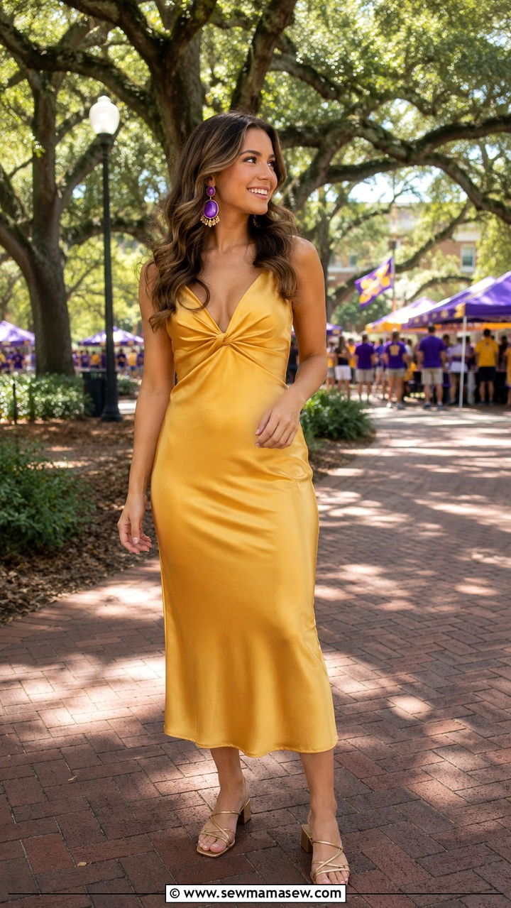 White maxi dress with purple and gold accessories LSU outfit - 20 Gameday outfit ideas LSU
