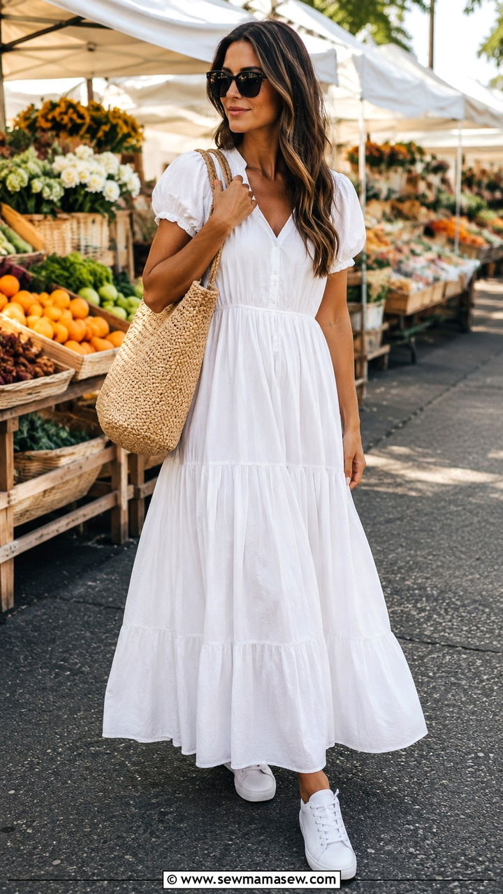 White maxi dress with white sneakers - 30 Maxi dress with sneakers outfit ideas