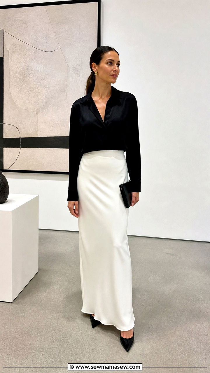White maxi skirt with black blouse and pointed toe heels - 40 maxi skirt outfits