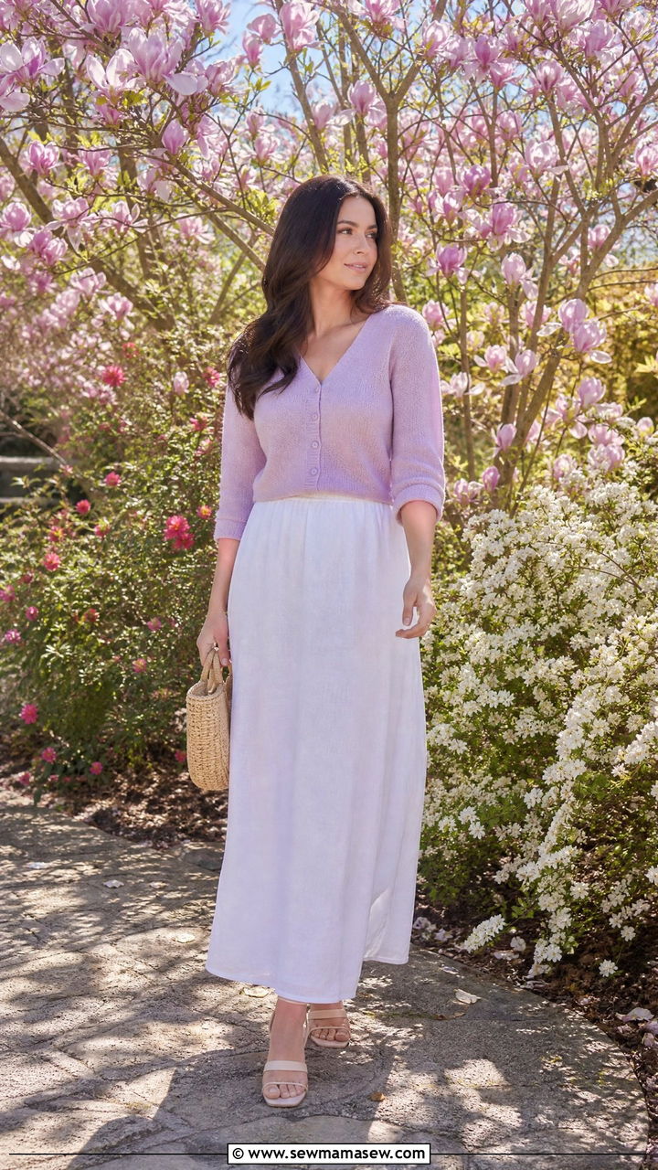 White maxi skirt with cardigan and block heel sandals - 40 maxi skirt outfits