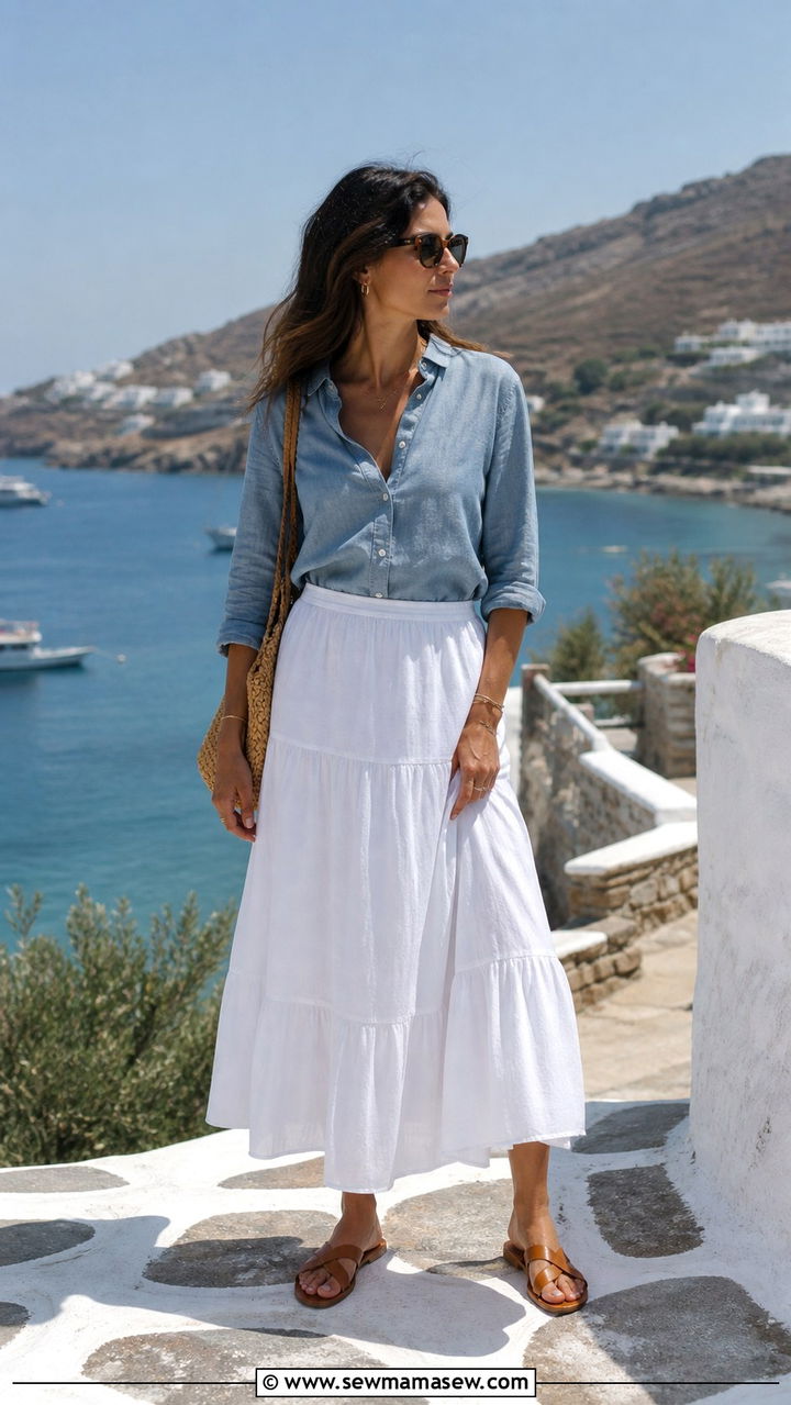 White maxi skirt with chambray shirt and sandals - 40 maxi skirt outfits
