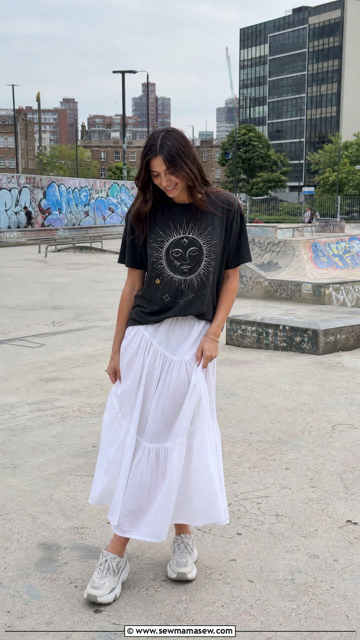 White maxi skirt with graphic tee and dad sneakers - 40 maxi skirt outfits