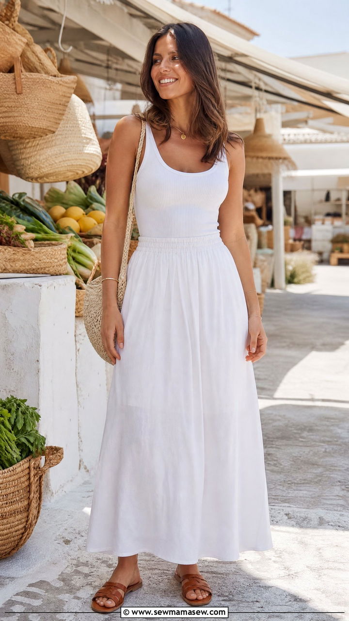 White maxi skirt with tank top and sandals - 35 how to style maxi skirt
