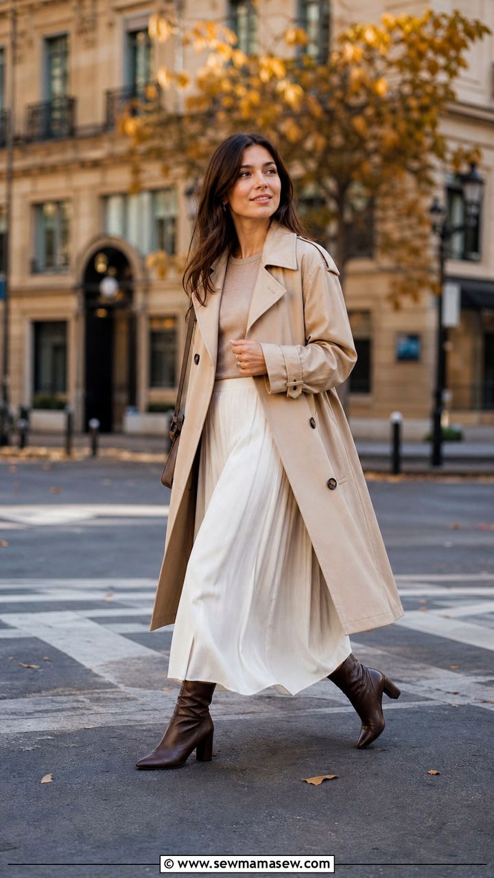 White maxi skirt with trench coat and ankle boots - 40 maxi skirt outfits