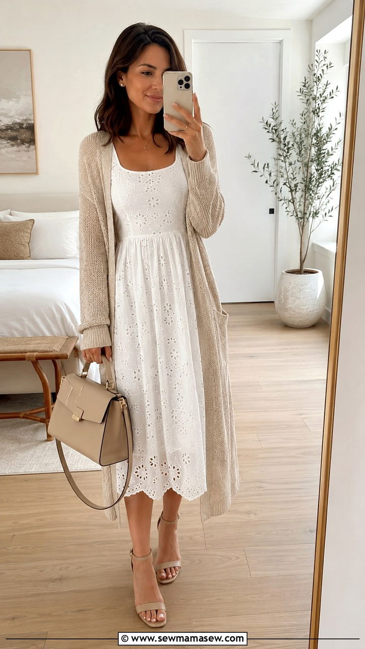 White midi dress and long cardigan outfit - 30 Hot day cool night outfit ideas