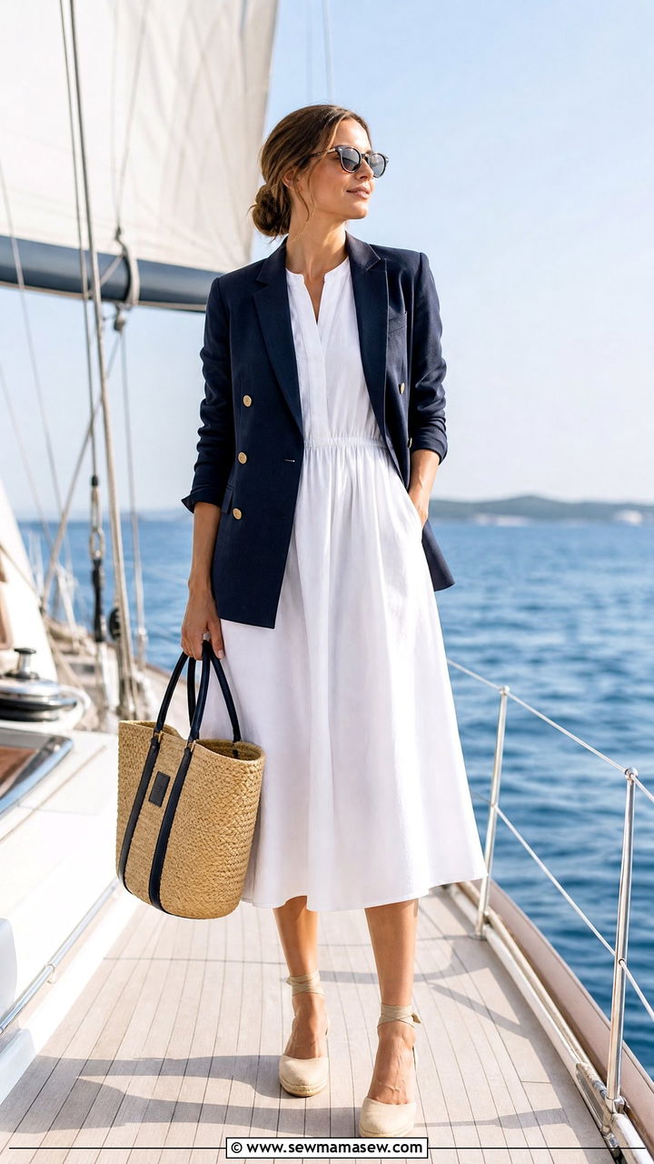 White midi dress and navy blazer sailboat outfit - 25 Sailboat outfit ideas