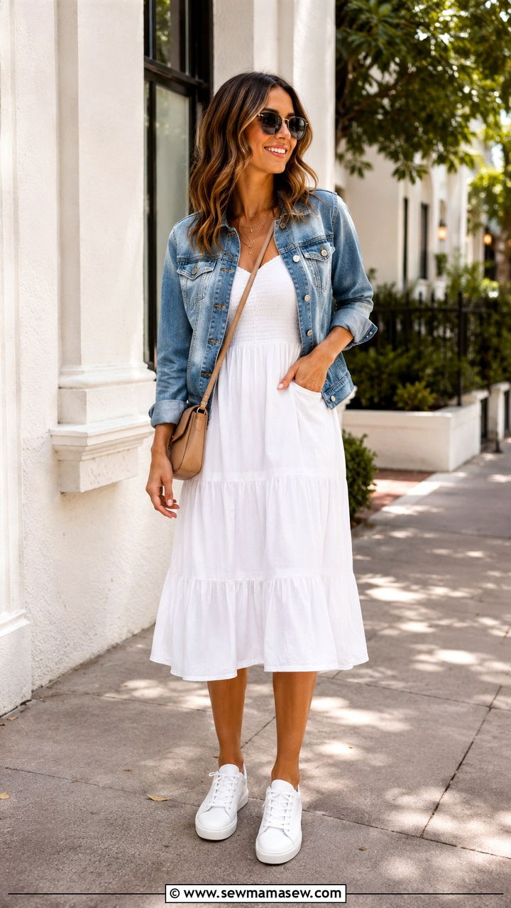 White midi dress with a denim jacket and white sneakers - 30 Midi dress outfit ideas with a denim jacket