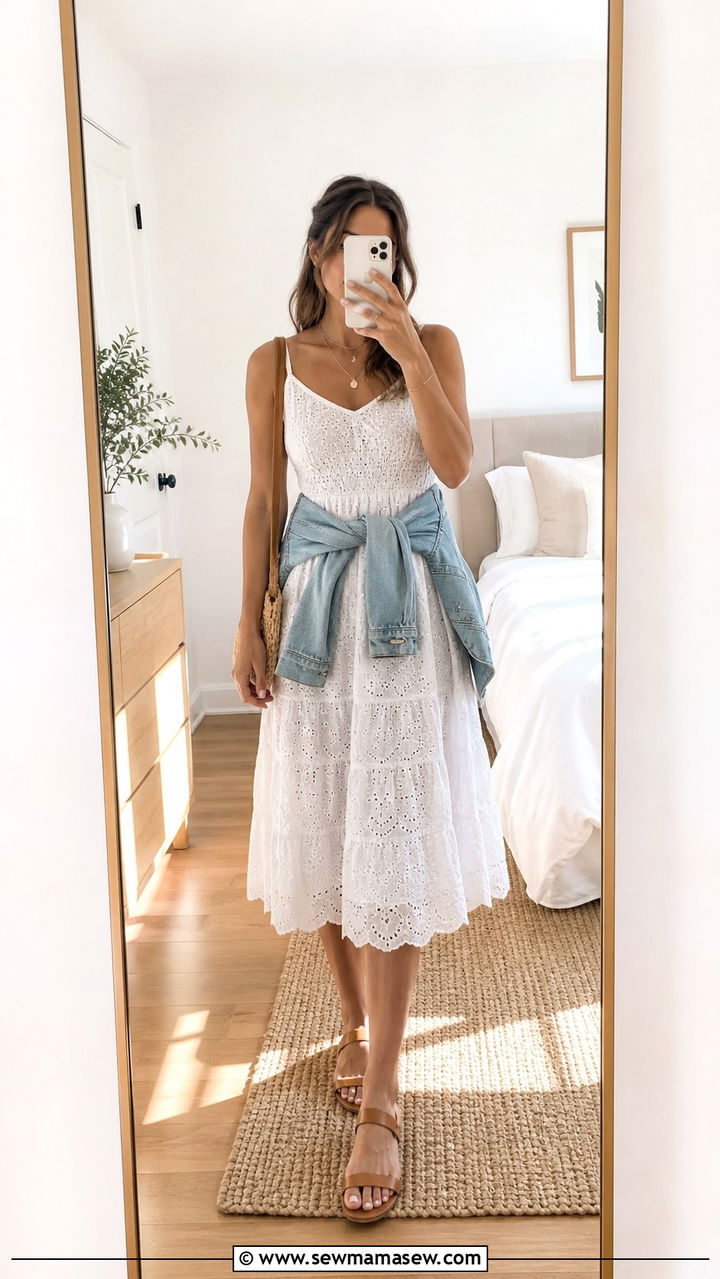 White midi dress with a denim jacket tied at the waist - 40 What to wear in spring