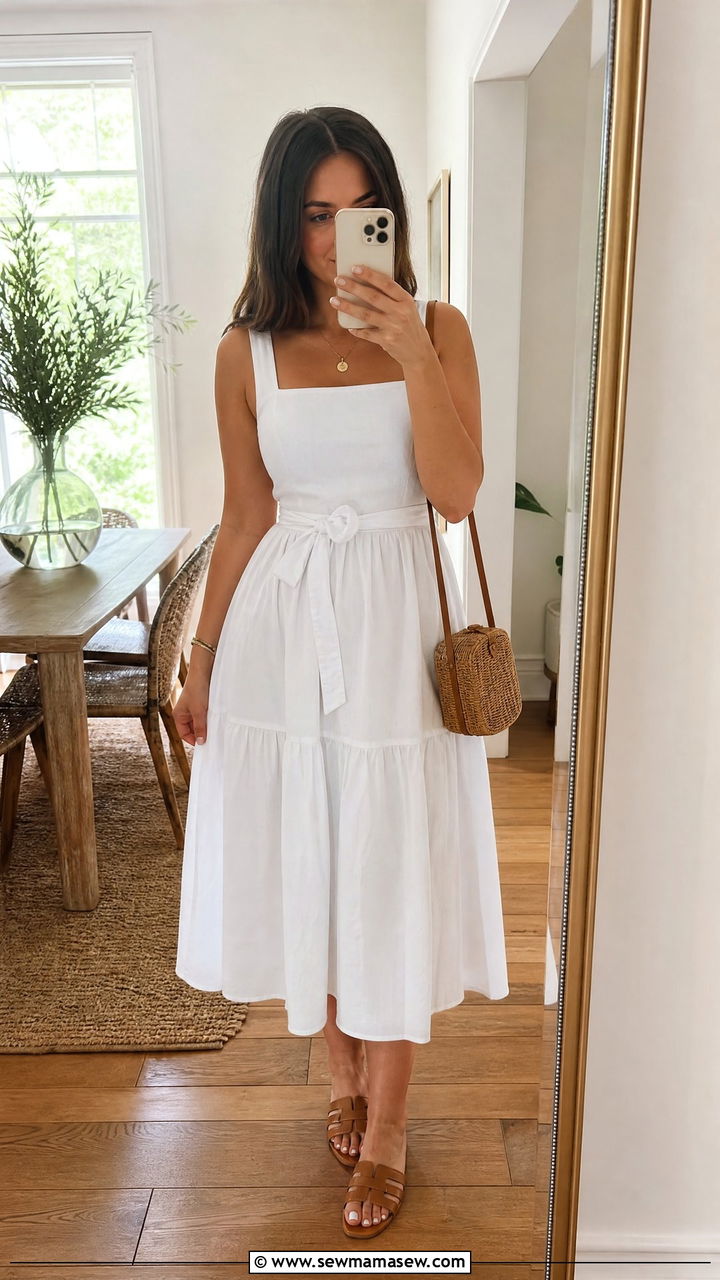 White midi dress with flat sandals midsize summer outfit - 30 summer midsize outfit ideas