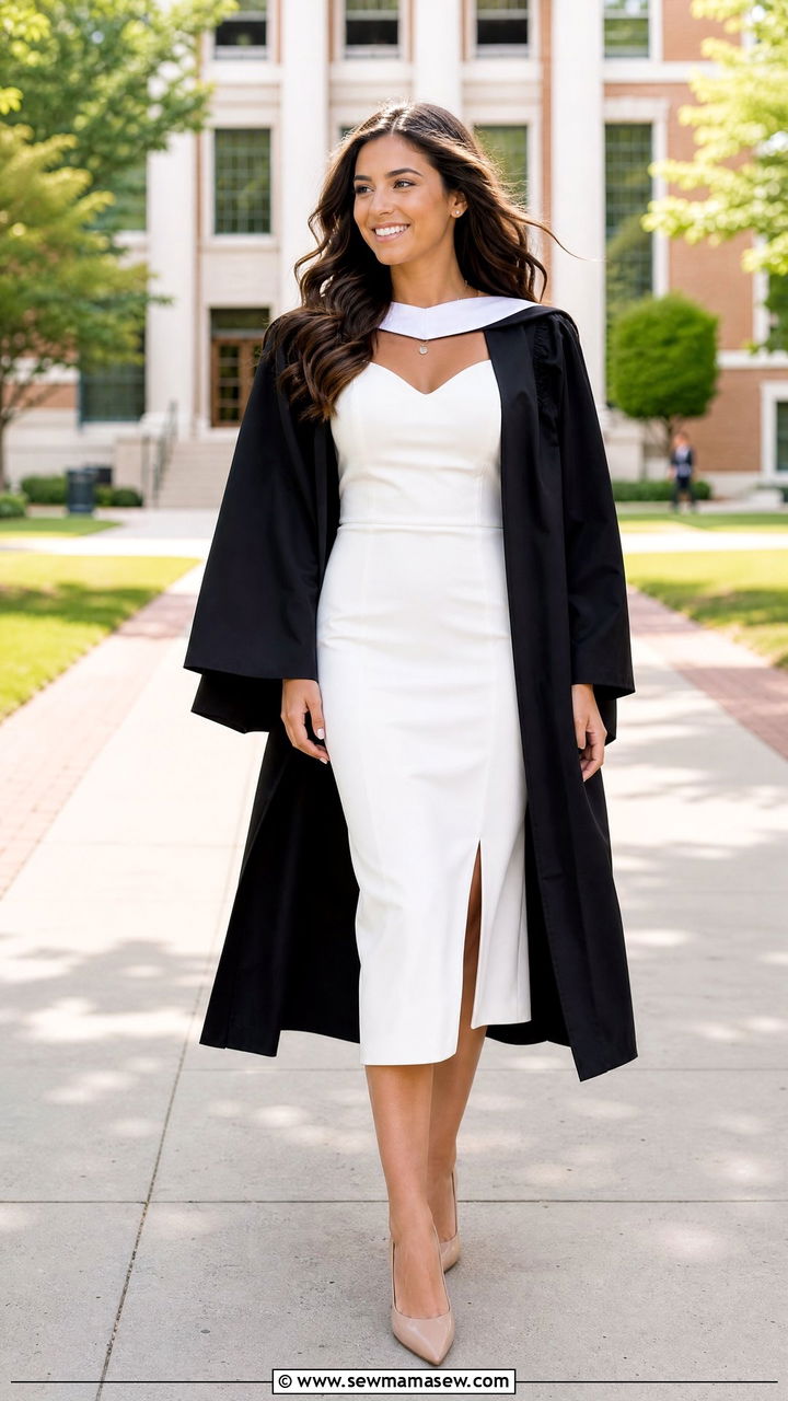 White midi dress with nude heels - 35 graduation outfit ideas for women