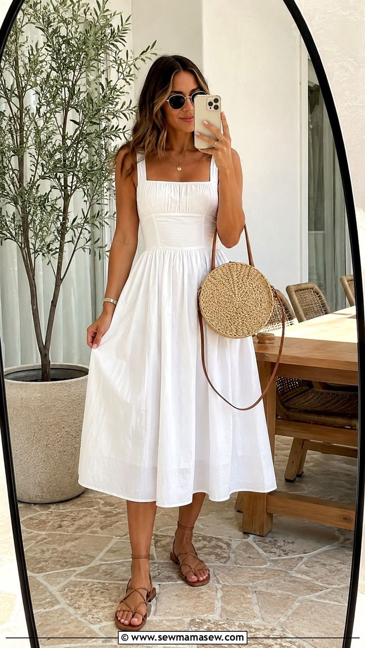 White midi dress with woven handbag and strappy sandals - 30 Spring outfits with midi dresses