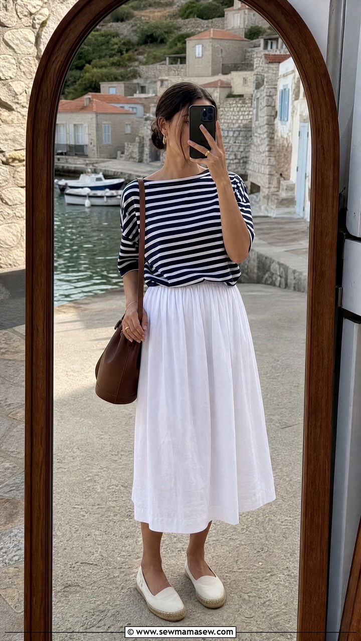 White midi skirt and striped boatneck tee outfit - 30 Summer weekend getaway outfits