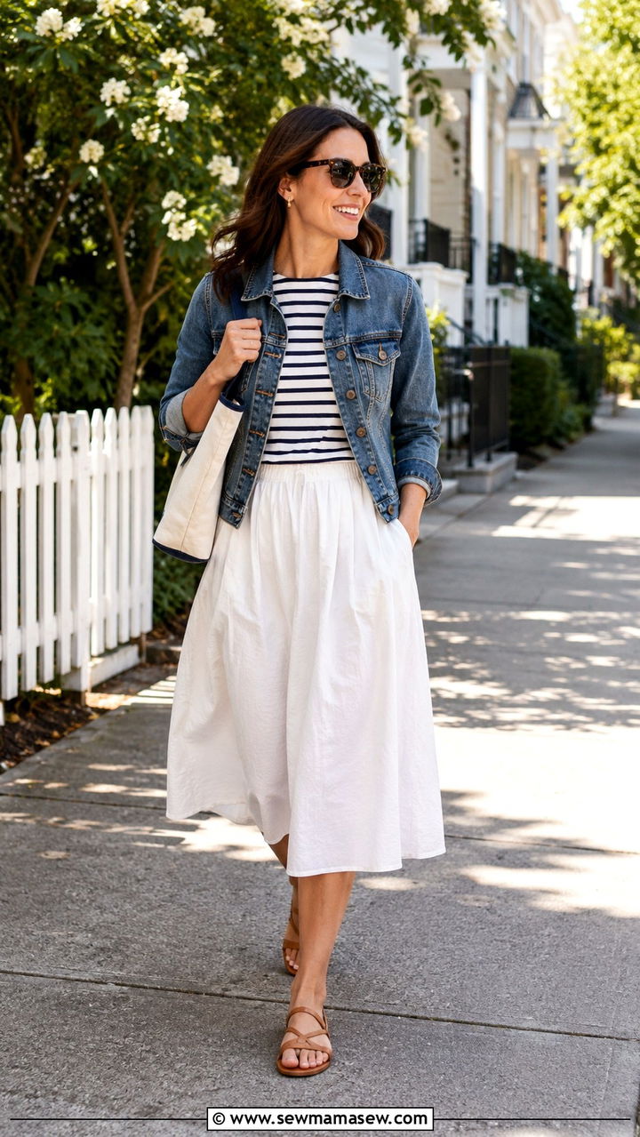 White midi skirt and striped tee with denim jacket - 30 How to style a midi skirt in spring