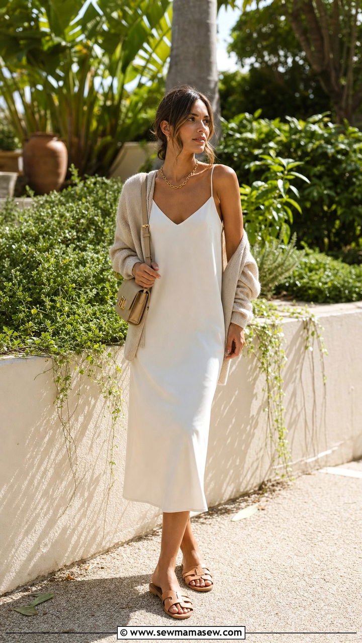 White midi slip dress and tan leather sandals - 25 cute clean girl outfits