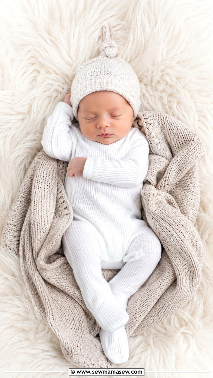 White onesie with knit blanket newborn photo outfit - 25 Newborn photoshoot outfit ideas