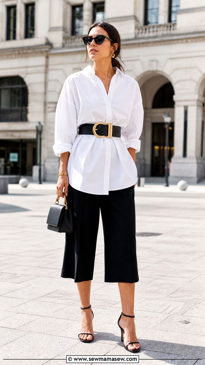 White oversized button down with a statement belt and culottes - 40 Oversized button down outfit ideas