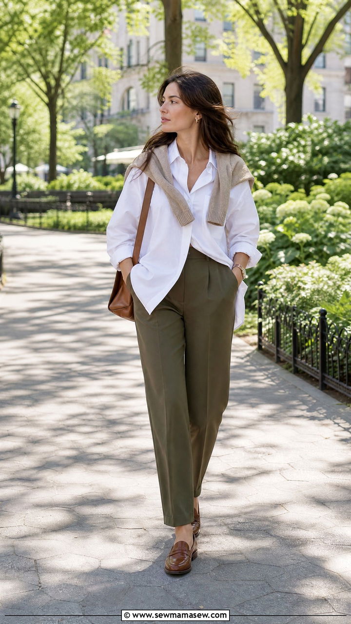 White oversized button down with a sweater draped over shoulders and olive trousers - 40 Oversized button down outfit ideas