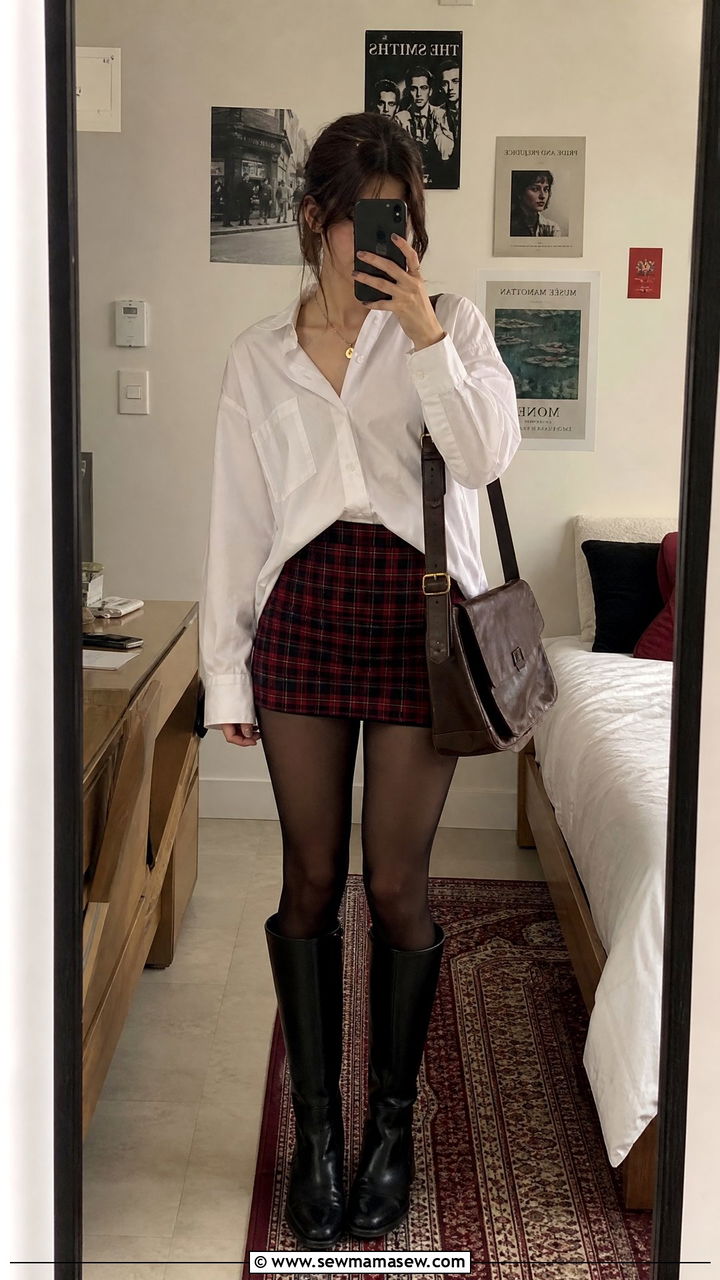 White oversized shirt and plaid skirt - 30 Dark academia school outfits