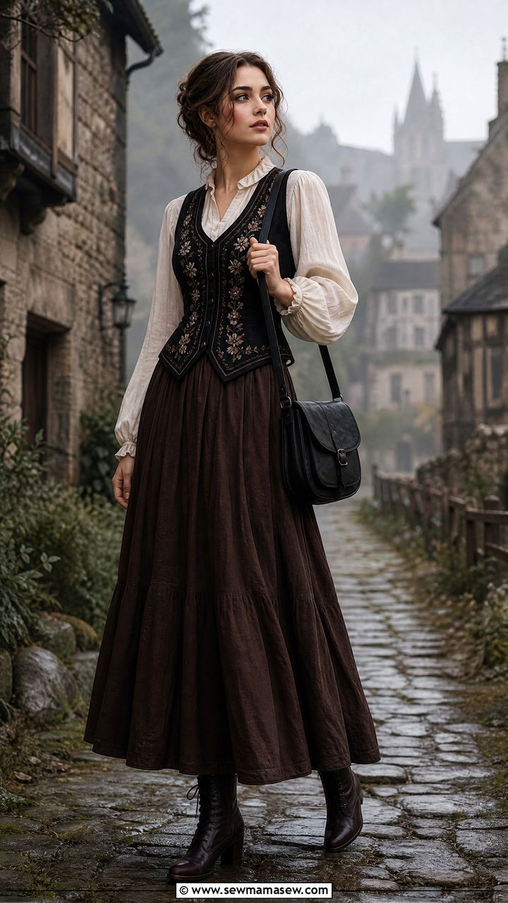 White peasant blouse and embroidered vest outfit - 30 dark academia outfits ideas