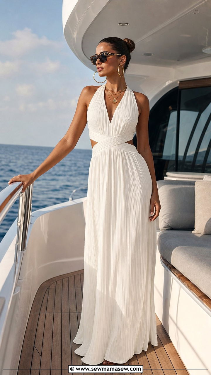 White pleated maxi dress with gold accessories - 35 beach vacation outfits ideas