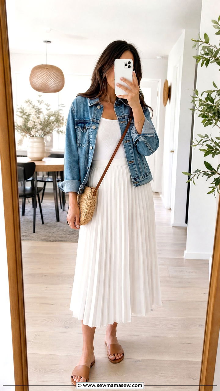White pleated skirt with denim jacket outfit - 25 spring pleated skirt outfit ideas