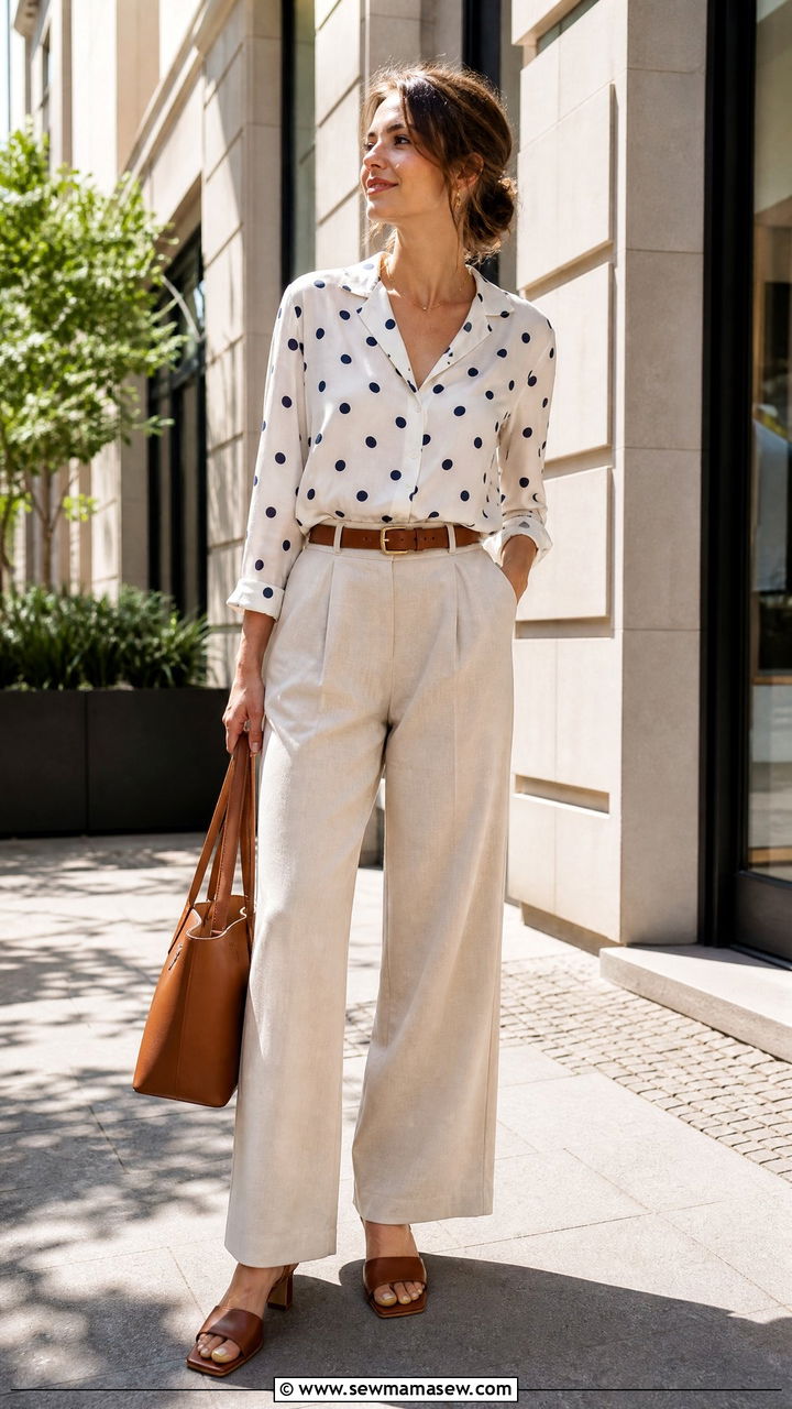 White polka dot blouse with high waist linen trousers - 25 spring polka dot outfit ideas